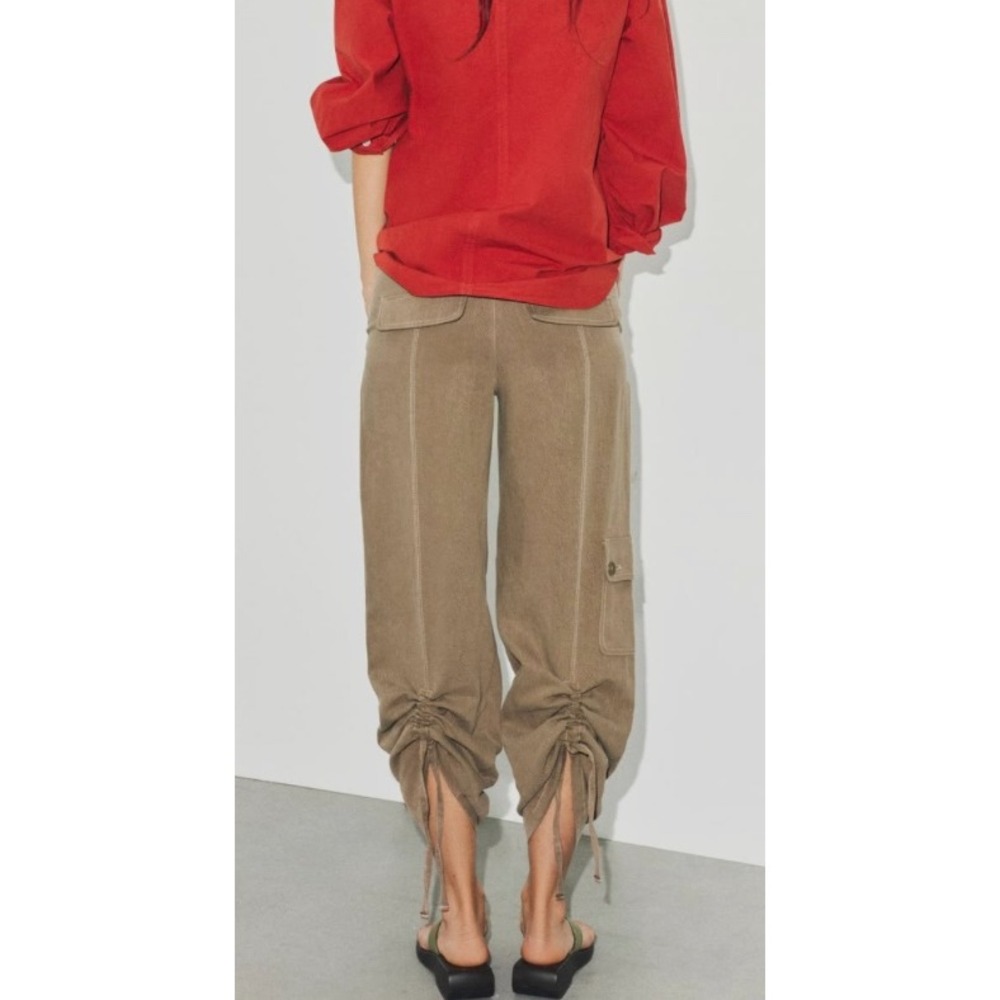 ZZara Taupe Brown Ruched Hem Cargo Pants Contrast Stitch Y2K Utility Small